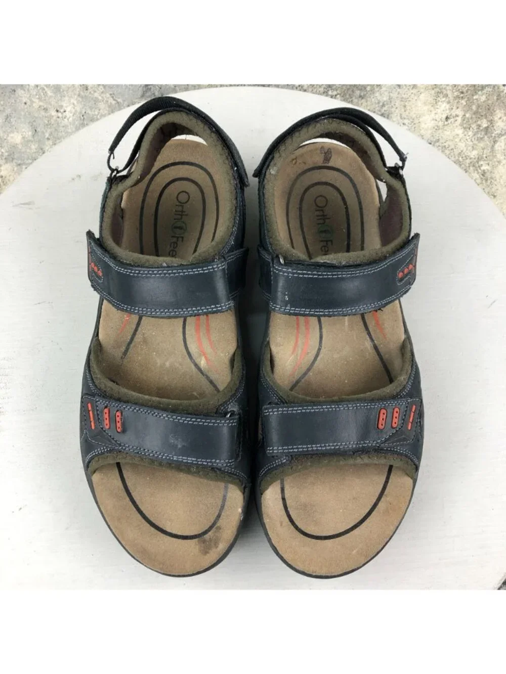 OrthoFeet Men's Size 10D Cambria Black Leather Open Toe Hook & Loop 561 Sandals